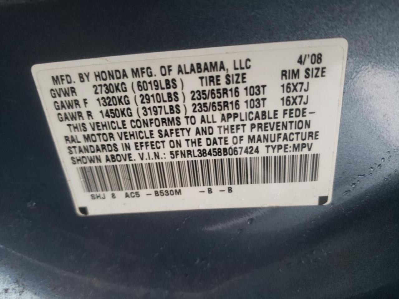 Photo 10 from auction – 2008 HONDA ODYSSEY EX with VIN 5FNRL38458B067424
