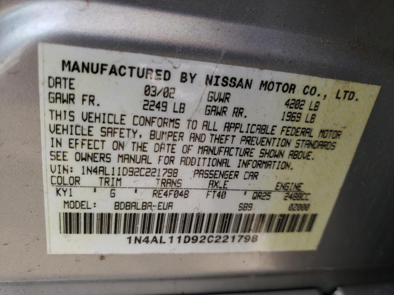 Photo 10 from auction – 2002 NISSAN ALTIMA BAS with VIN 1N4AL11D92C221798