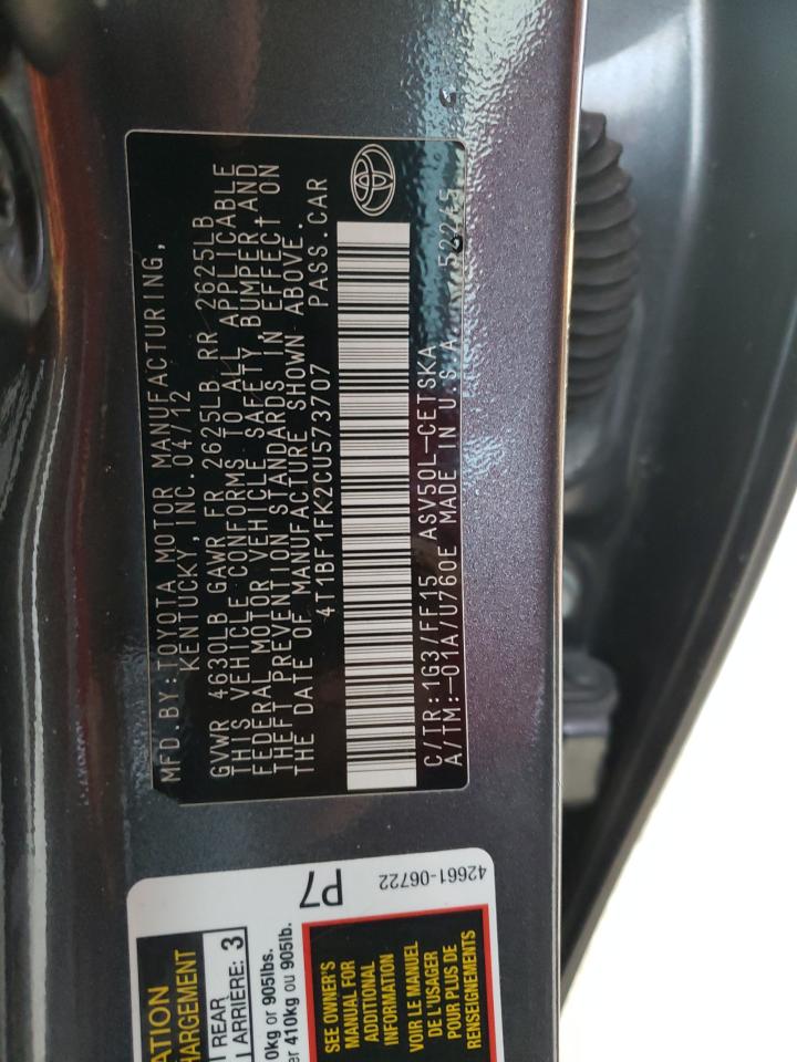 Photo 10 from auction – 2012 TOYOTA CAMRY with VIN 4T1BF1FK2CU573707
