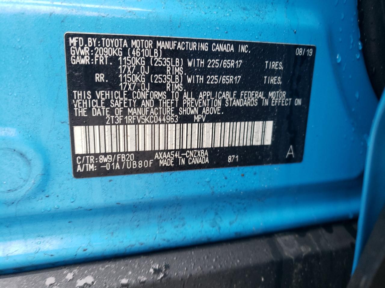 Zdjęcie 10 z aukcji – 2019 TOYOTA RAV4 LE z VIN 2T3F1RFV5KC044963