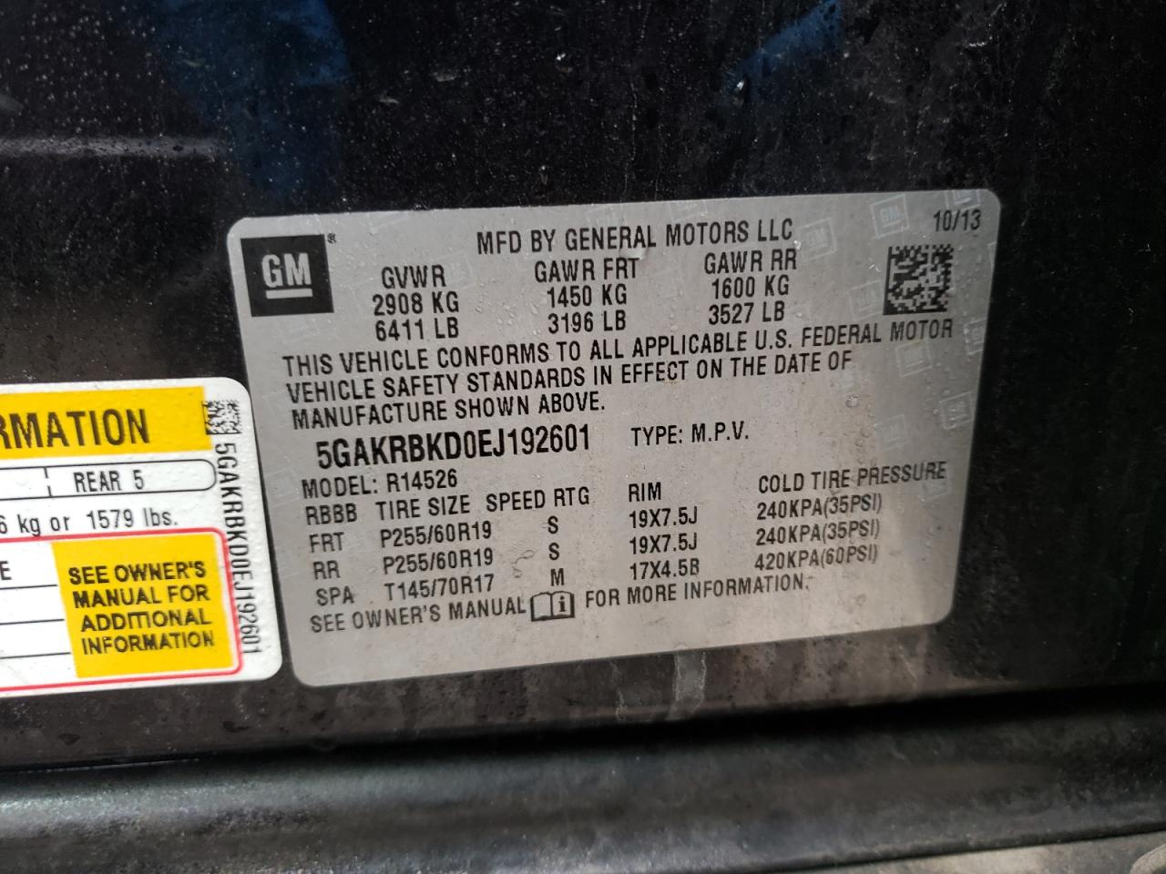 Photo 10 from auction – 2014 BUICK ENCLAVE with VIN 5GAKRBKD0EJ192601