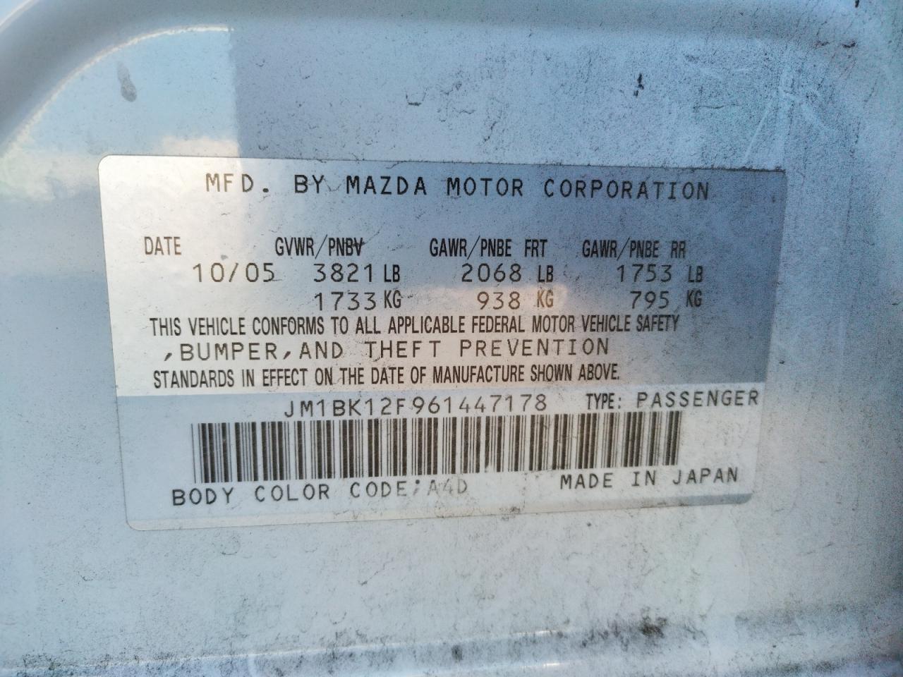 Фото 10 с аукциона – 2006 MAZDA 3 I с VIN JM1BK12F961447178