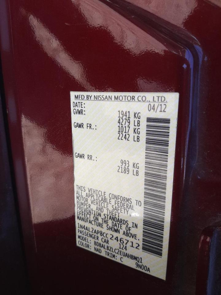 Photo 10 from auction – 2012 NISSAN ALTIMA BAS with VIN 1N4AL2AP8CC246712