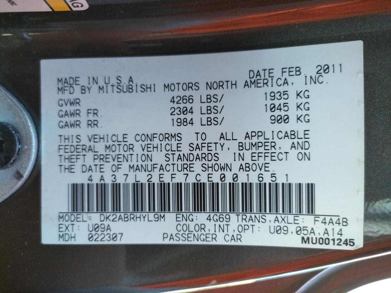 Photo 10 from auction – 2012 MITSUBISHI ECLIPSE SP with VIN 4A37L2EF7CE001651