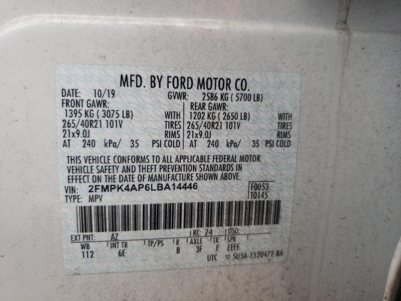 Photo 10 from auction – 2020 FORD EDGE ST with VIN 2FMPK4AP6LBA14446