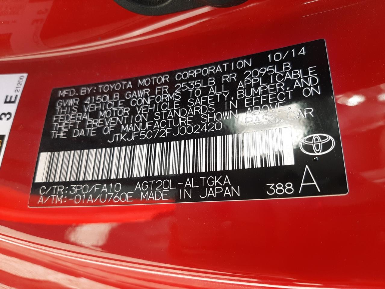 Photo 10 from auction – 2015 TOYOTA SCION TC with VIN JTKJF5C72FJ002420