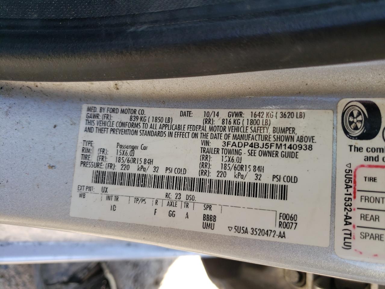 Photo 10 from auction – 2015 FORD FIESTA SE with VIN 3FADP4BJ5FM140938