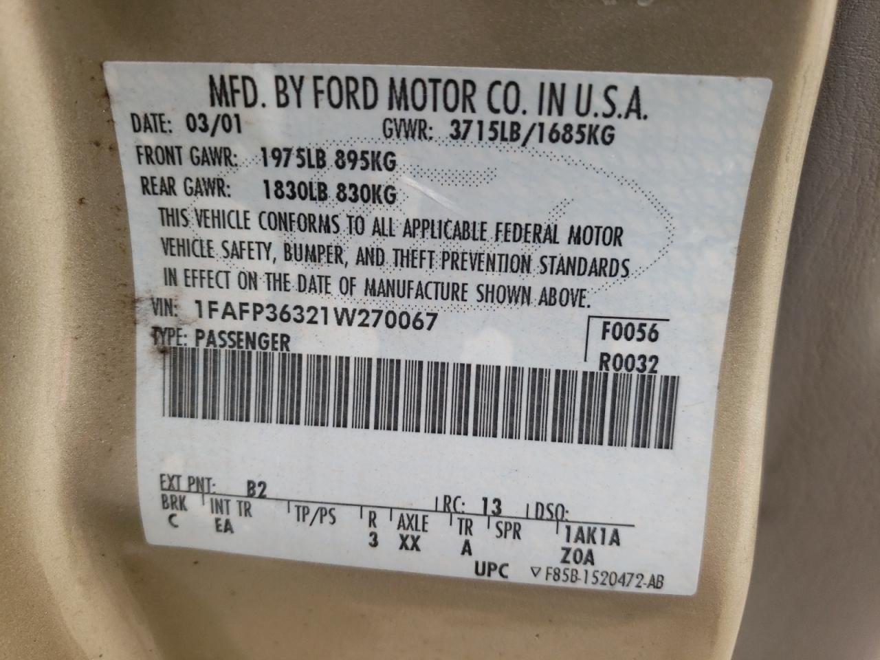 Photo 10 from auction – 2001 FORD FOCUS SE with VIN 1FAFP36321W270067