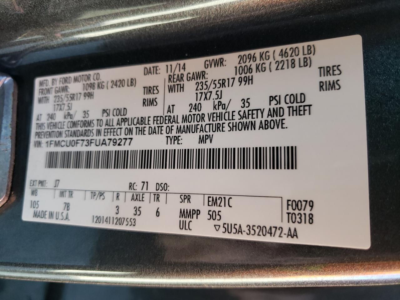 Photo 10 from auction – 2015 FORD ESCAPE S with VIN 1FMCU0F73FUA79277