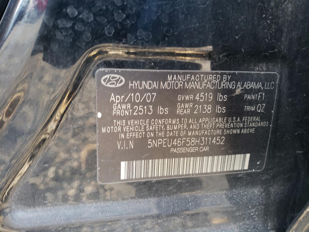 Photo 10 from auction – 2008 HYUNDAI SONATA with VIN 5NPEU46F58H311452
