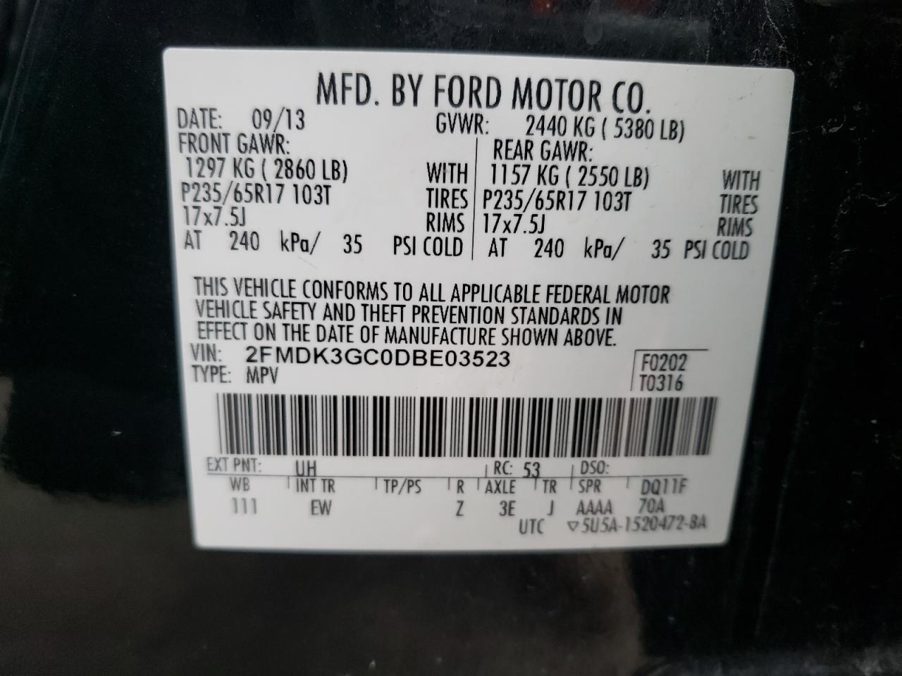 Photo 10 from auction – 2013 FORD EDGE SE with VIN 2FMDK3GC0DBE03523