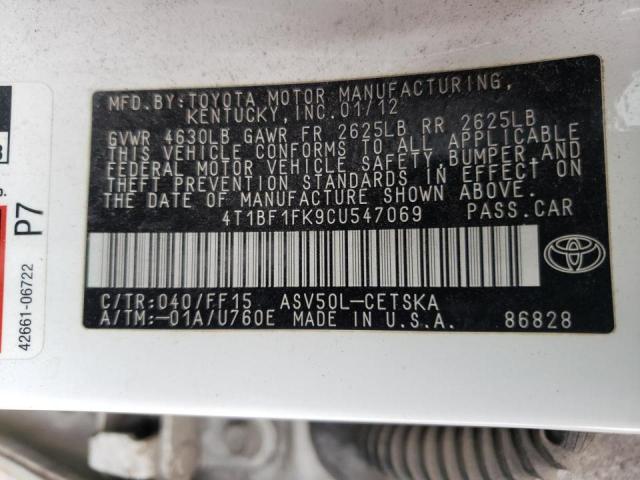 Photo 10 from auction – 2012 TOYOTA CAMRY BASE with VIN 4T1BF1FK9CU547069