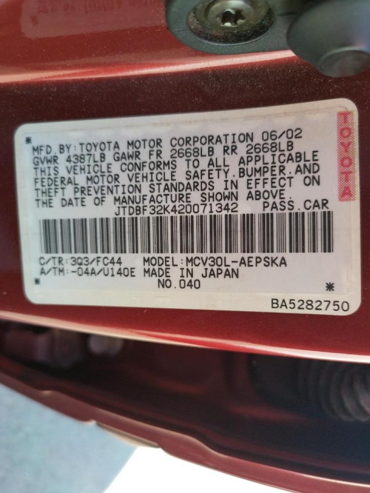 Photo 10 from auction – 2002 TOYOTA CAMRY with VIN JTDBF32K420071342