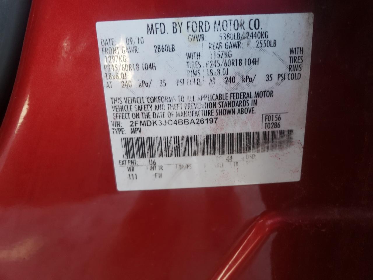 Photo 19 from auction – 2011 FORD EDGE SEL with VIN 2FMDK3JC4BBA26197