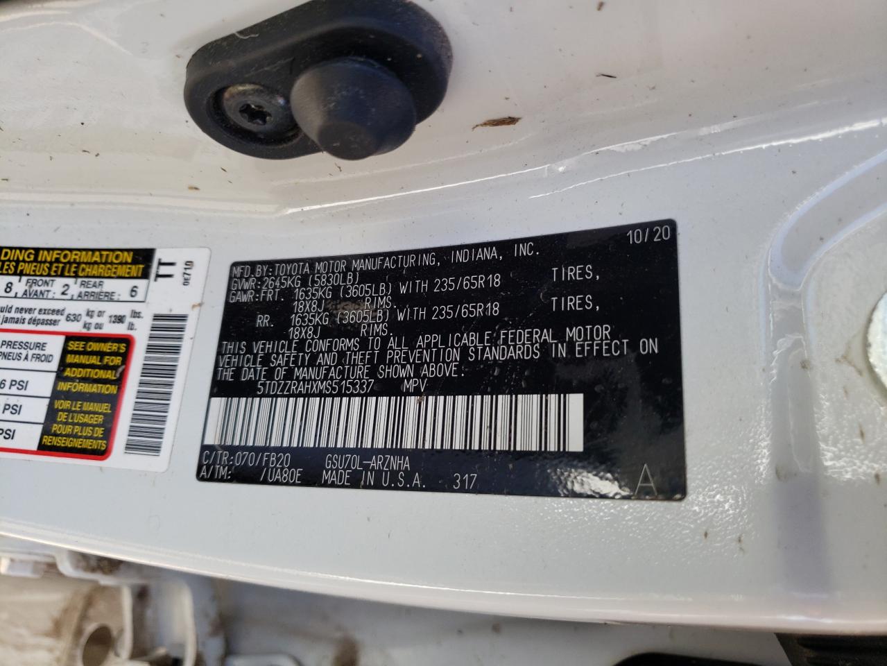 Photo 10 from auction – 2021 TOYOTA HIGHLANDER with VIN 5TDZZRAHXMS515337