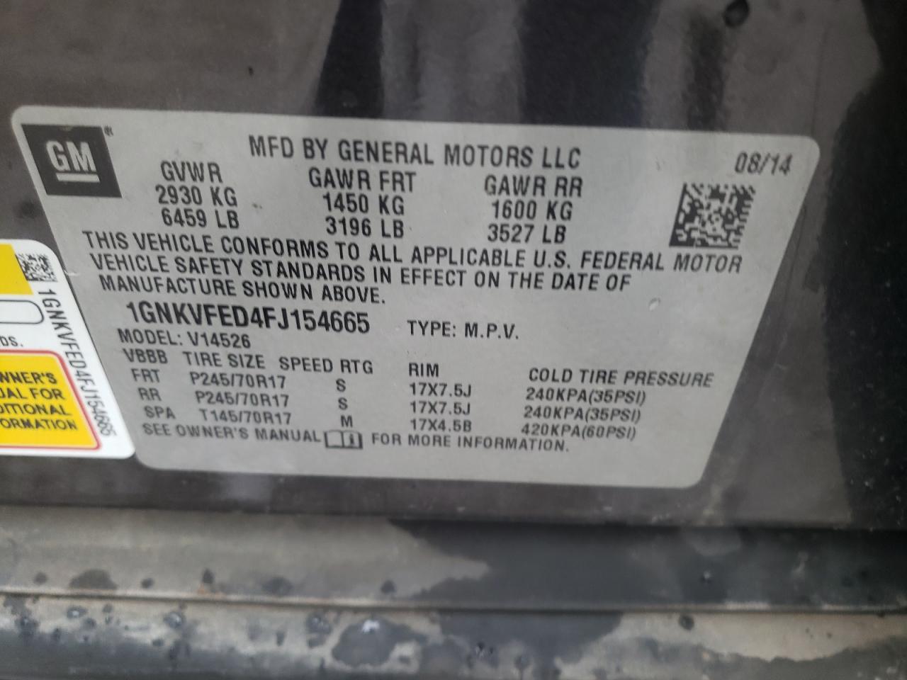 Photo 10 from auction – 2015 CHEVROLET TRAVERSE L with VIN 1GNKVFED4FJ154665