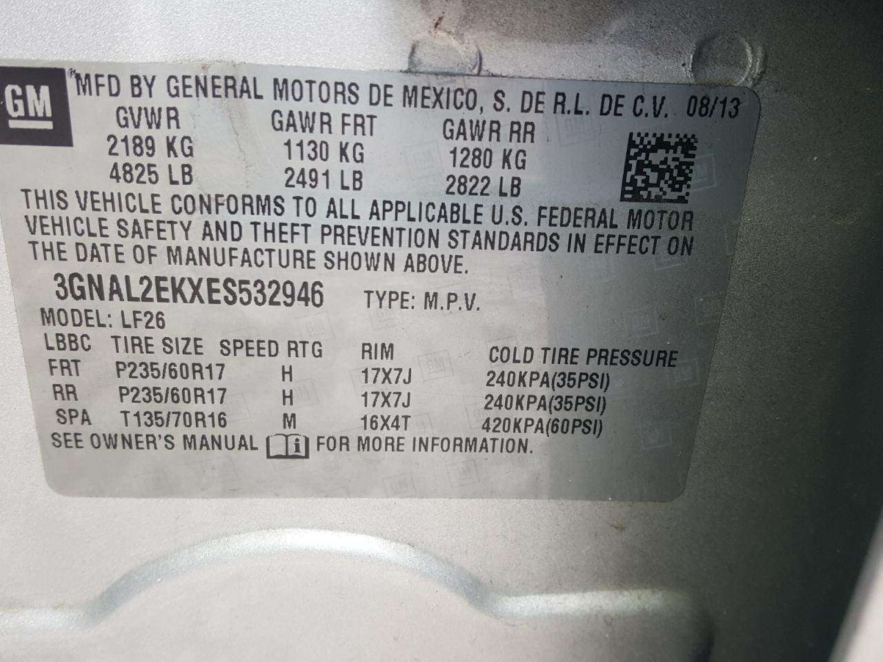 Фото 10 с аукциона – 2014 CHEVROLET CAPTIVA LS с VIN 3GNAL2EKXES532946