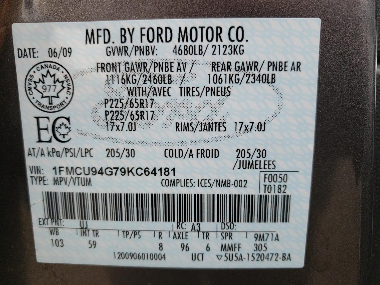 Photo 10 from auction – 2009 FORD ESCAPE LIM with VIN 1FMCU94G79KC64181