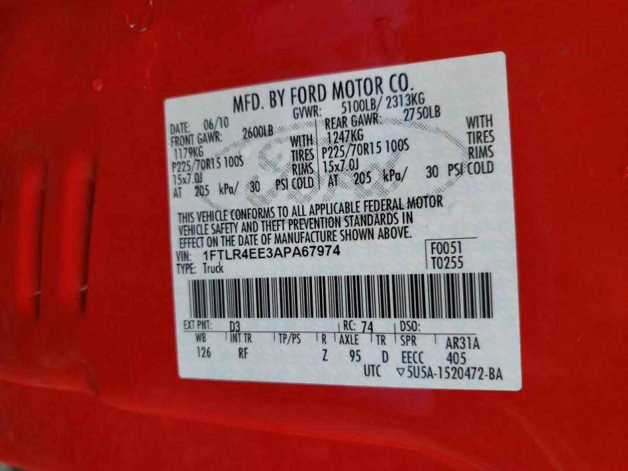 Photo 10 from auction – 2010 FORD RANGER SUP with VIN 1FTLR4EE3APA67974