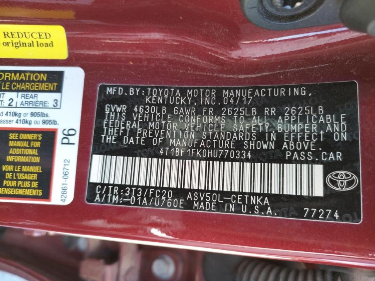 Photo 10 from auction – 2017 TOYOTA CAMRY-LE with VIN 4T1BF1FK0HU770334