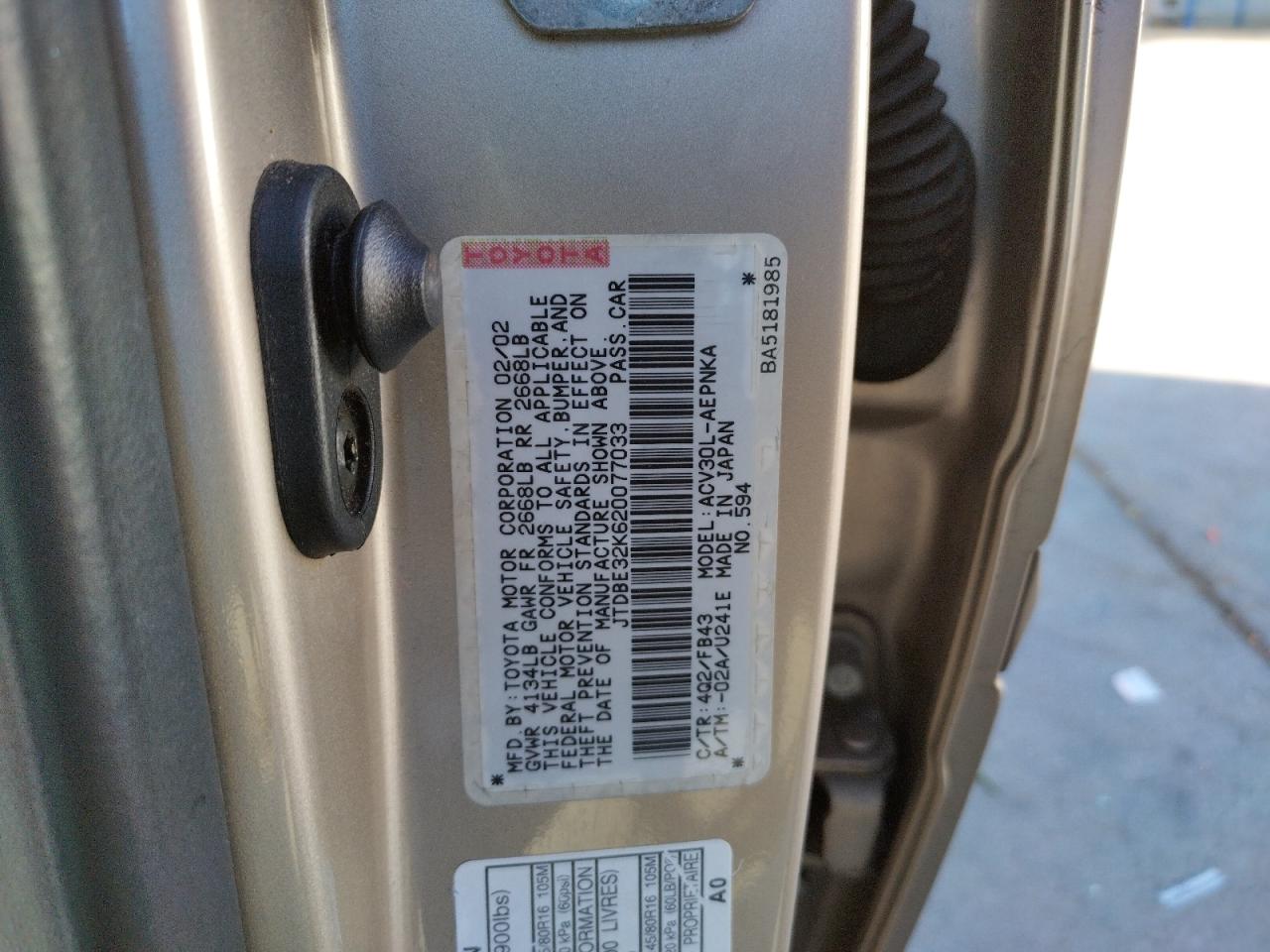 صورة رقم 10 من المزاد - 2002 TOYOTA CAMRY/LE/X مع VIN JTDBE32K620077033
