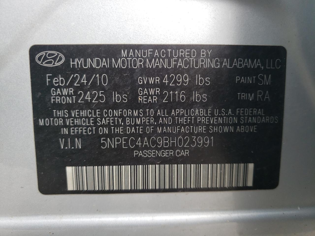 Photo 10 from auction – 2011 HYUNDAI SONATA SE with VIN 5NPEC4AC9BH023991