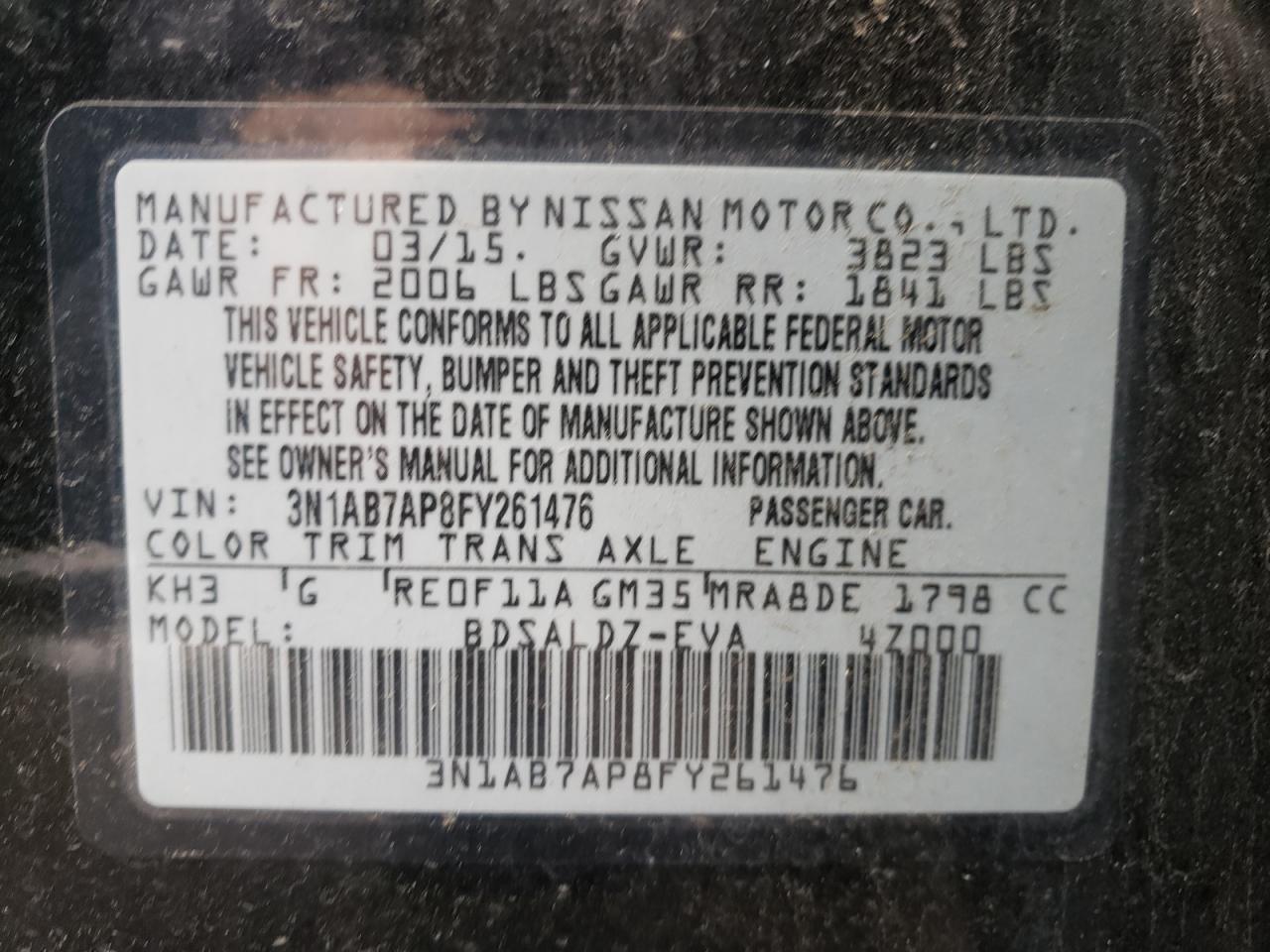 Photo 10 from auction – 2015 NISSAN SENTRA with VIN 3N1AB7AP8FY261476