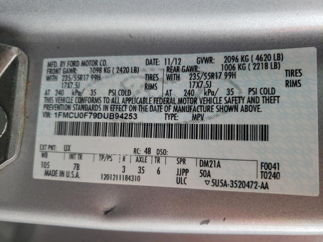 Photo 10 from auction – 2013 FORD ESCAPE S with VIN 1FMCU0F79DUB94253