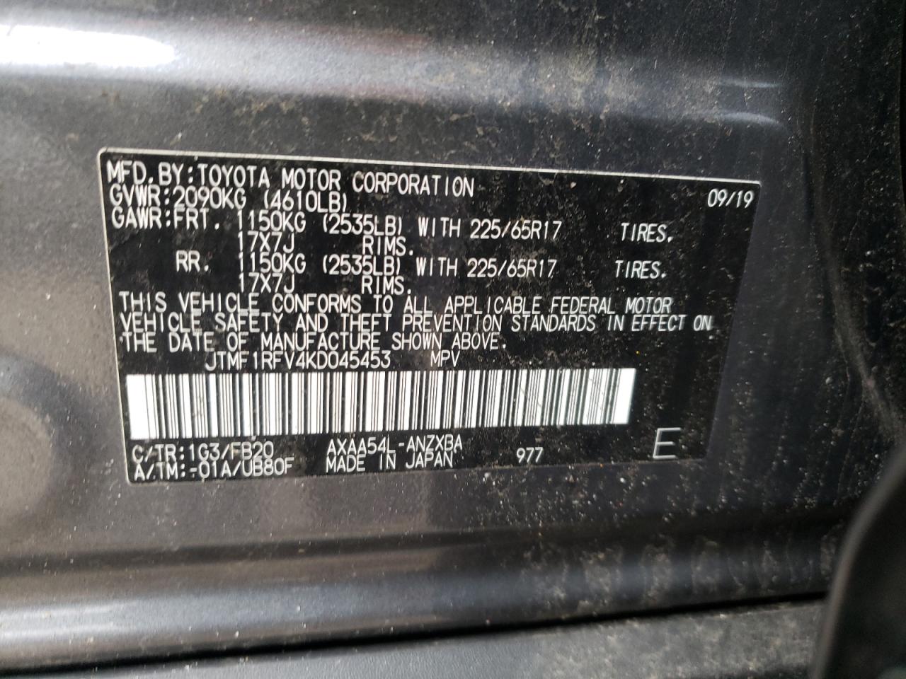 Photo 10 from auction – 2019 TOYOTA RAV4 LE with VIN JTMF1RFV4KD045453