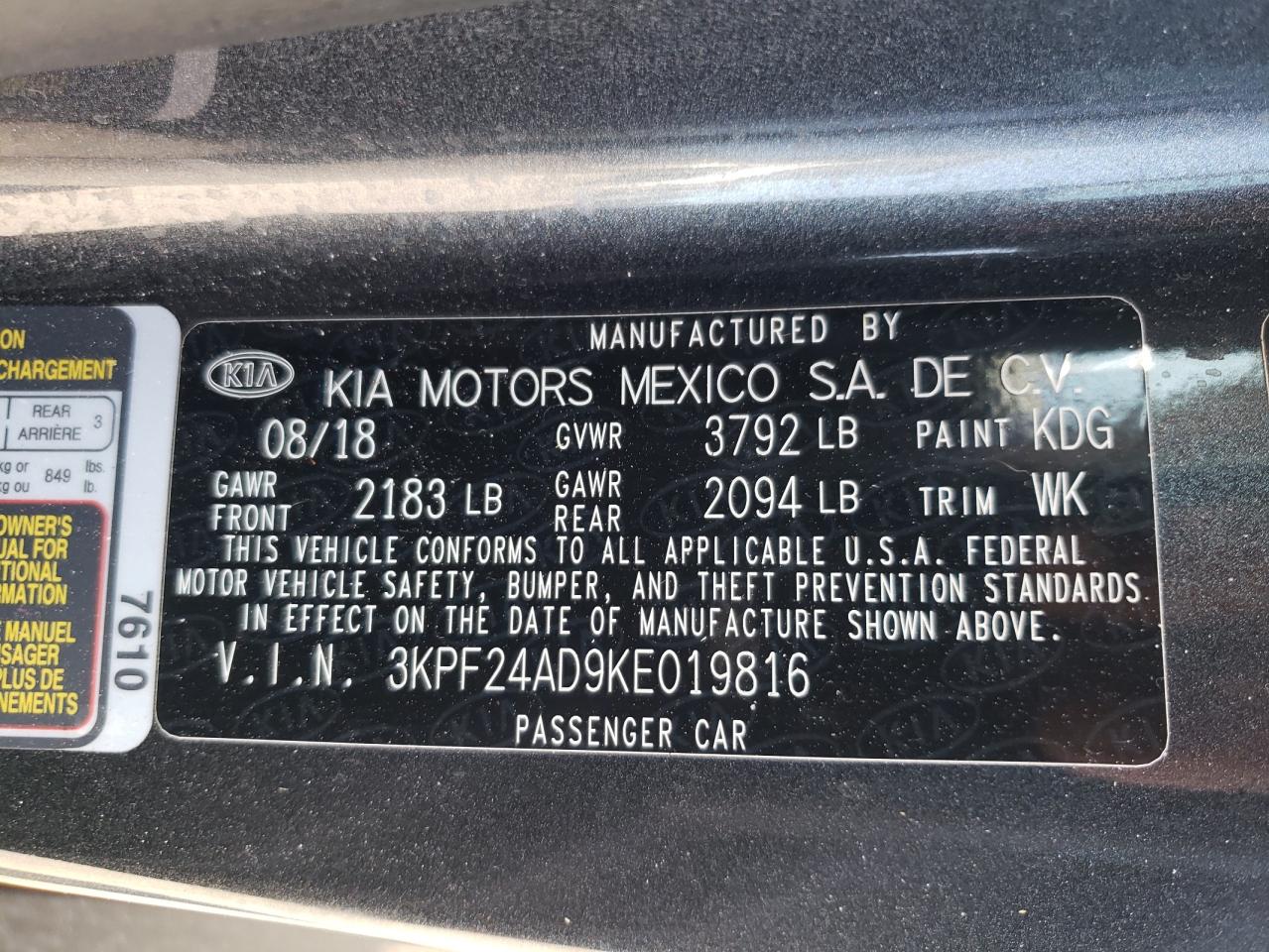 Photo 10 from auction – 2019 KIA FORTE FE with VIN 3KPF24AD9KE019816