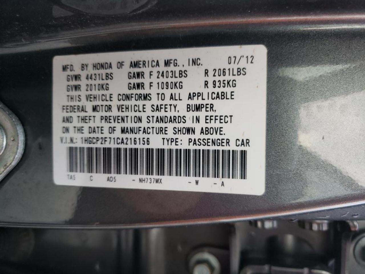 Photo 10 from auction – 2012 HONDA ACCORD EX with VIN 1HGCP2F71CA216156