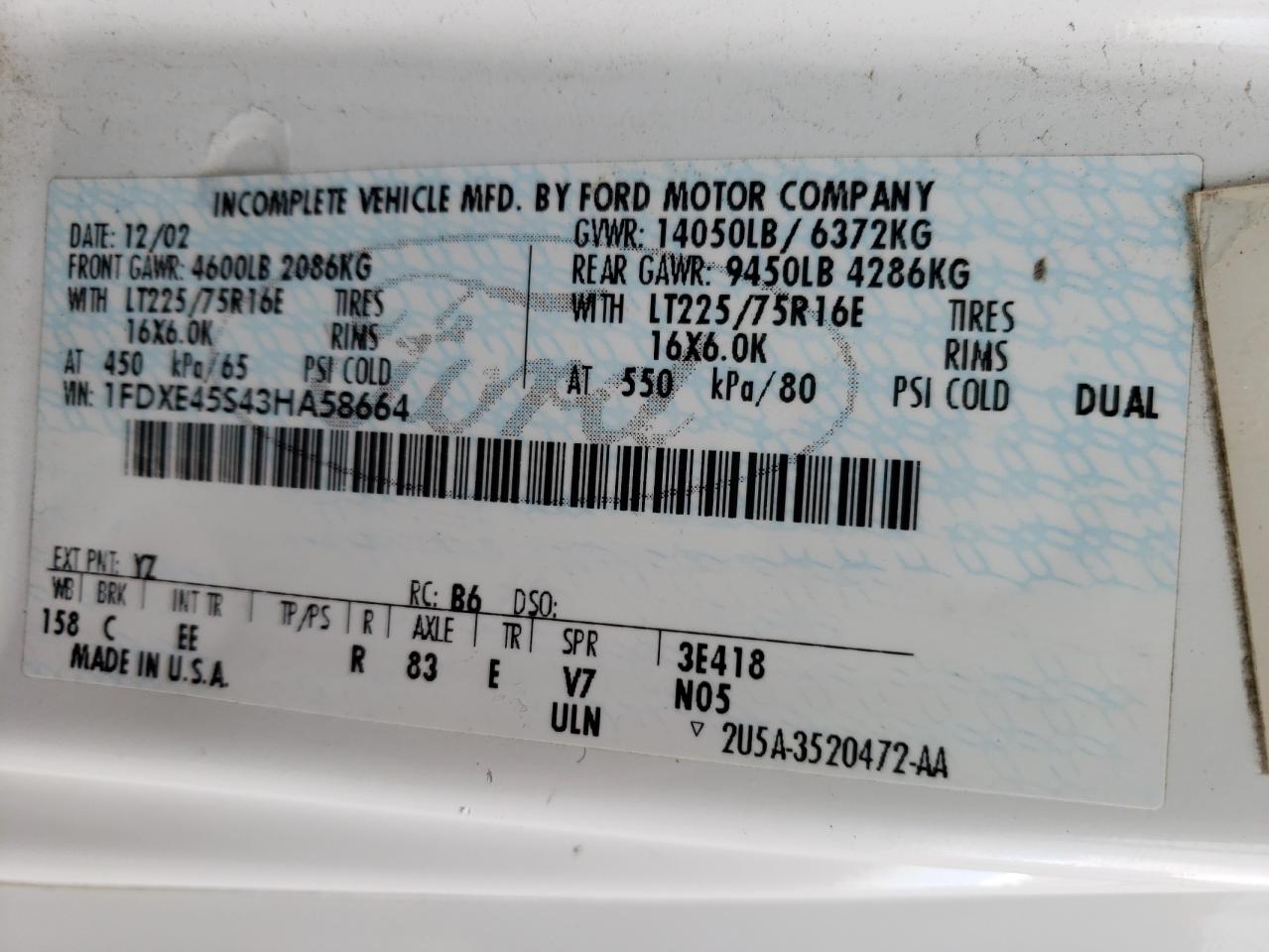 Photo 10 from auction – 2003 FORD ECONOLINE with VIN 1FDXE45S43HA58664