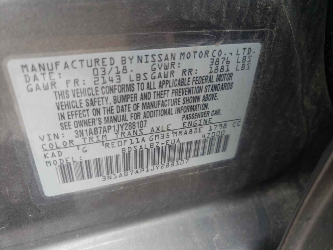 Photo 10 from auction – 2018 NISSAN SENTRA S with VIN 3N1AB7AP1JY288107