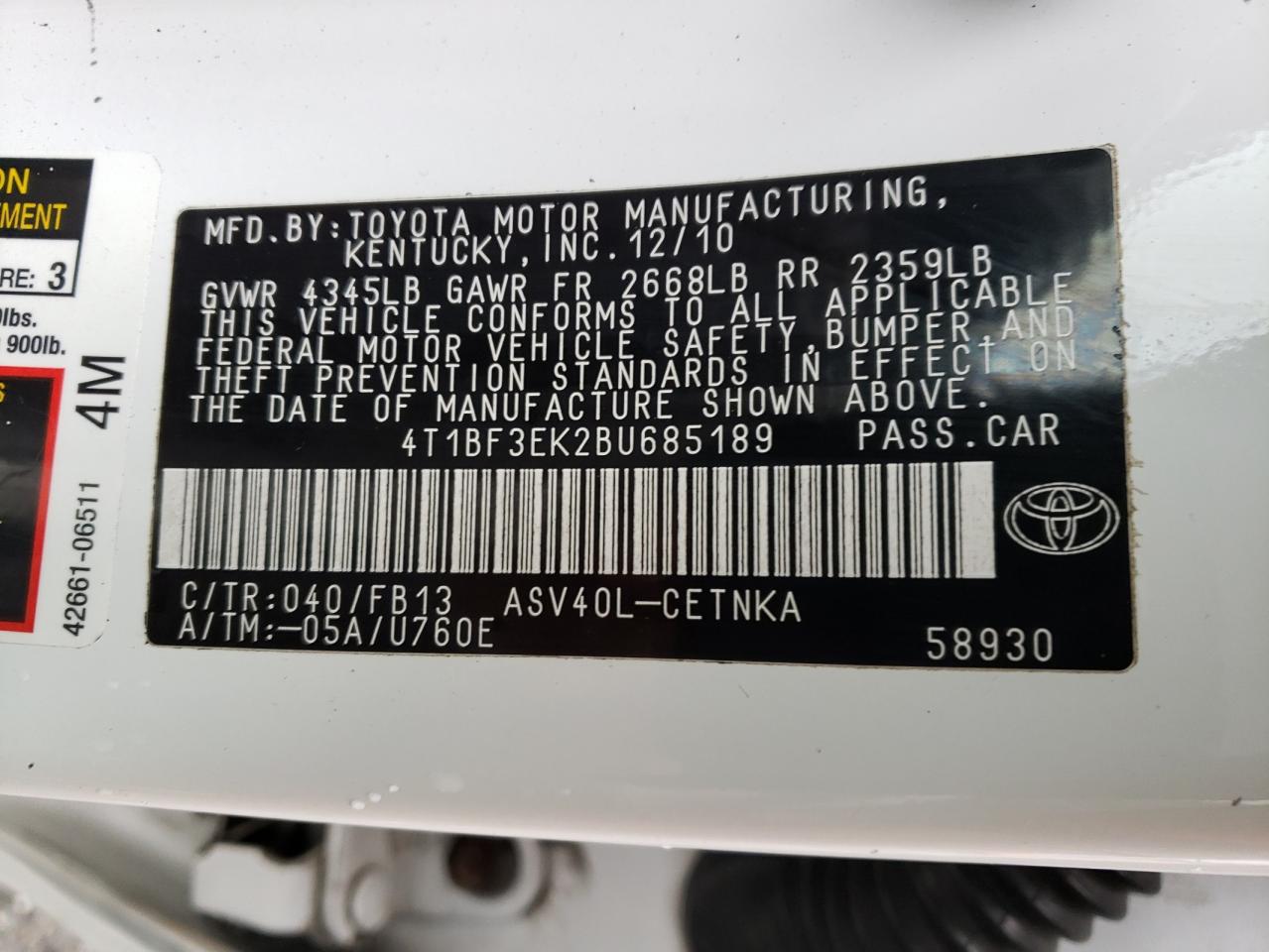 Foto 10 de la subasta – 2011 TOYOTA CAMRY BASE con VIN 4T1BF3EK2BU685189