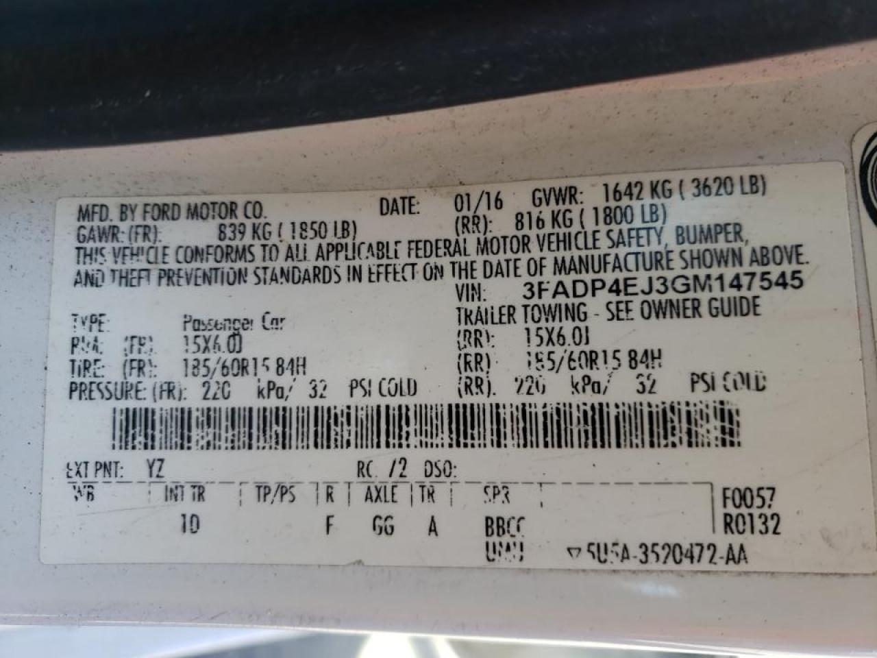 Photo 10 from auction – 2016 FORD FIESTA SE with VIN 3FADP4EJ3GM147545