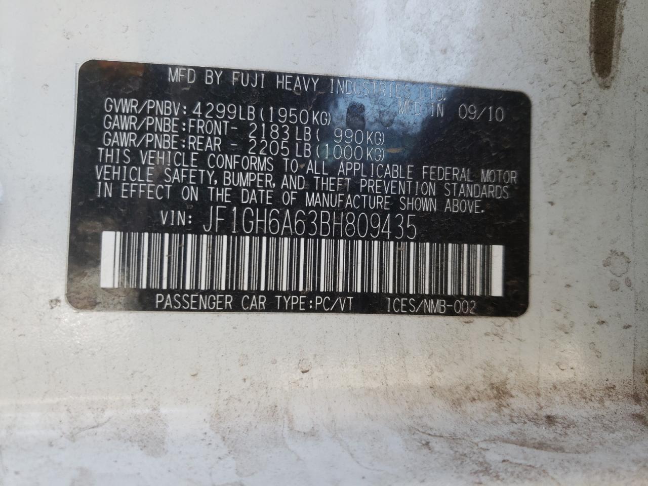 Photo 10 from auction – 2011 SUBARU IMPREZA 2. with VIN JF1GH6A63BH809435