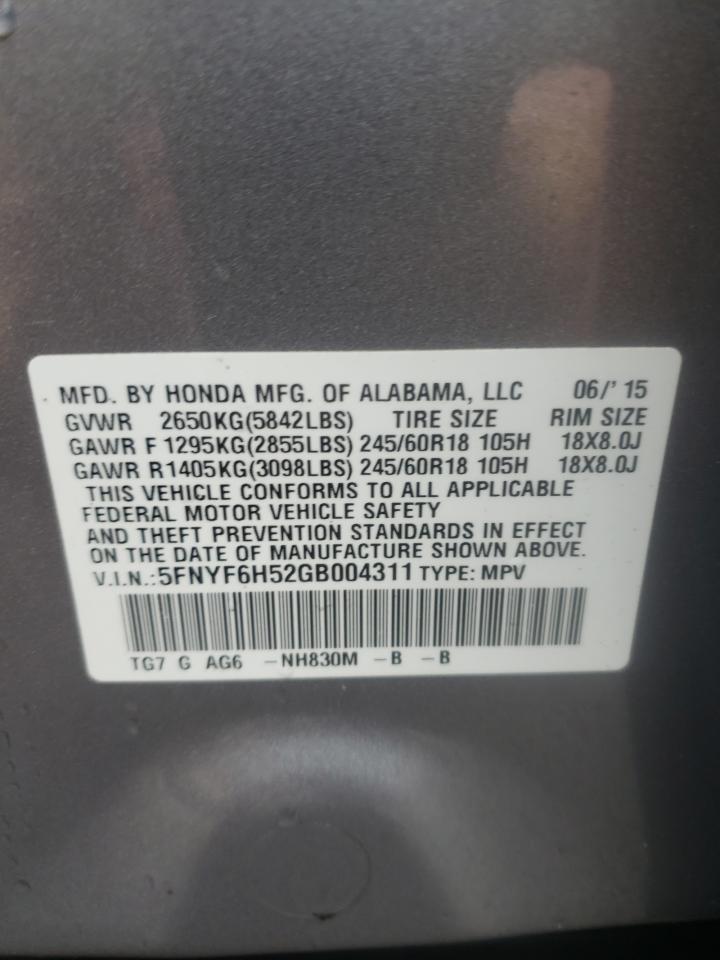 Photo 10 from auction – 2016 HONDA PILOT EXL with VIN 5FNYF6H52GB004311