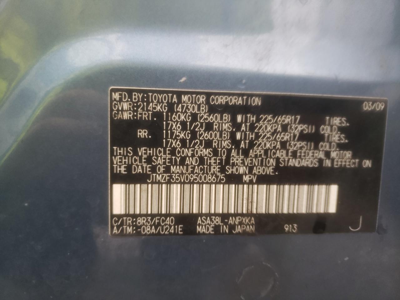 Photo 10 from auction – 2009 TOYOTA RAV4 with VIN JTMZF35V095008675