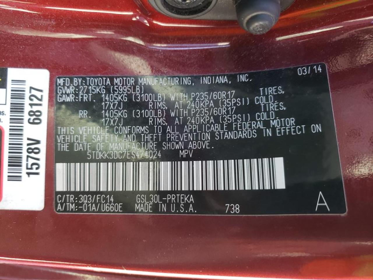 Photo 10 from auction – 2014 TOYOTA SIENNA LE with VIN 5TDKK3DC7ES474024