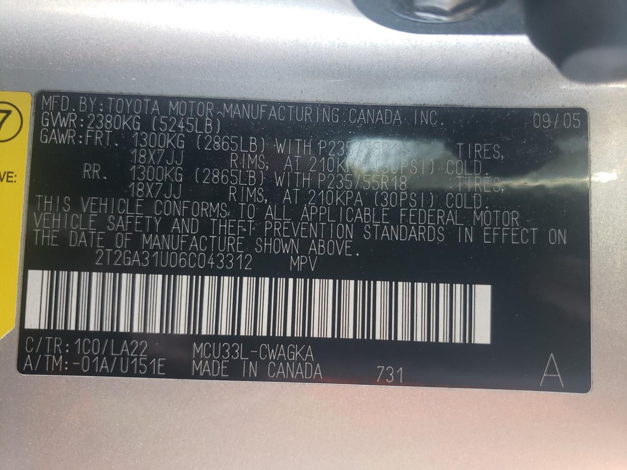 Foto 10 de la subasta – 2006 LEXUS RX 330 con VIN 2T2GA31U06C043312