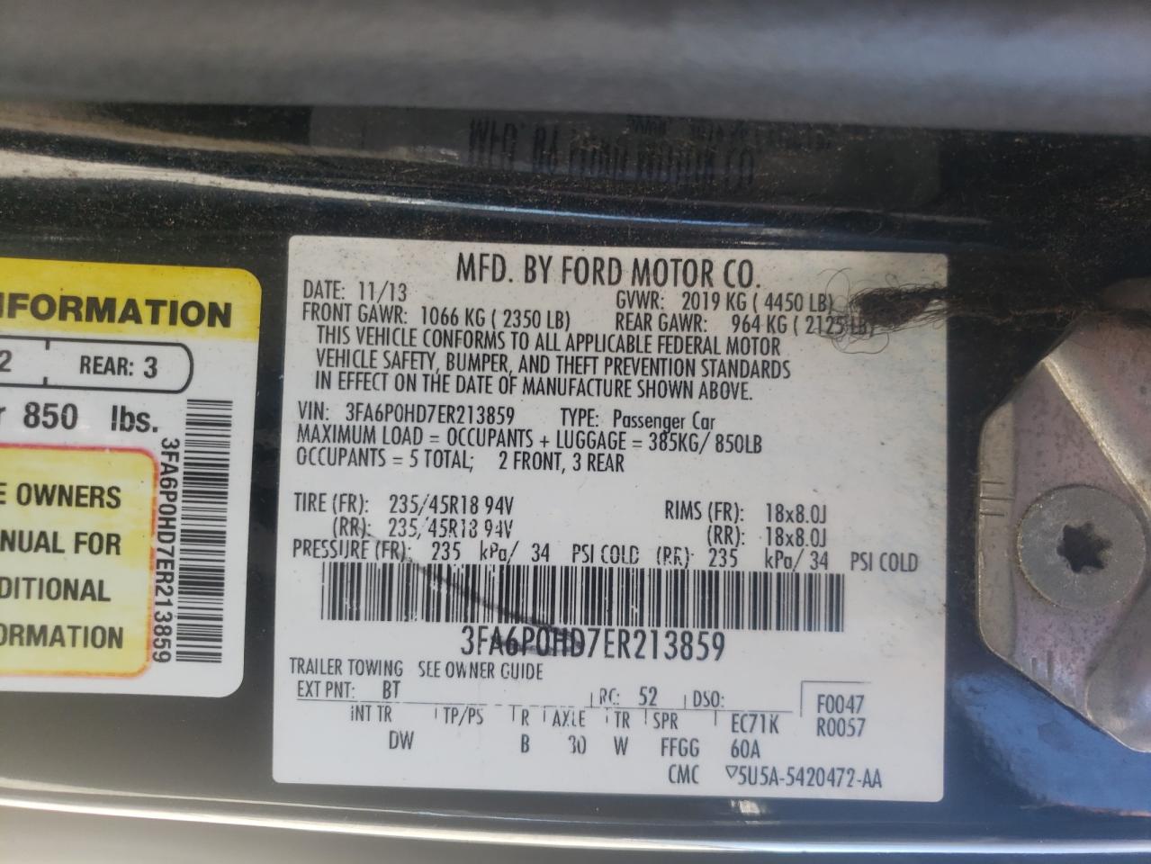 Photo 10 from auction – 2014 FORD FUSION SE with VIN 3FA6P0HD7ER213859