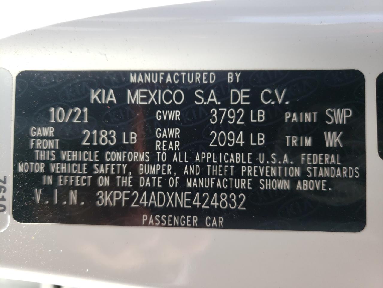 Photo 10 from auction – 2022 KIA FORTE FE with VIN 3KPF24ADXNE424832