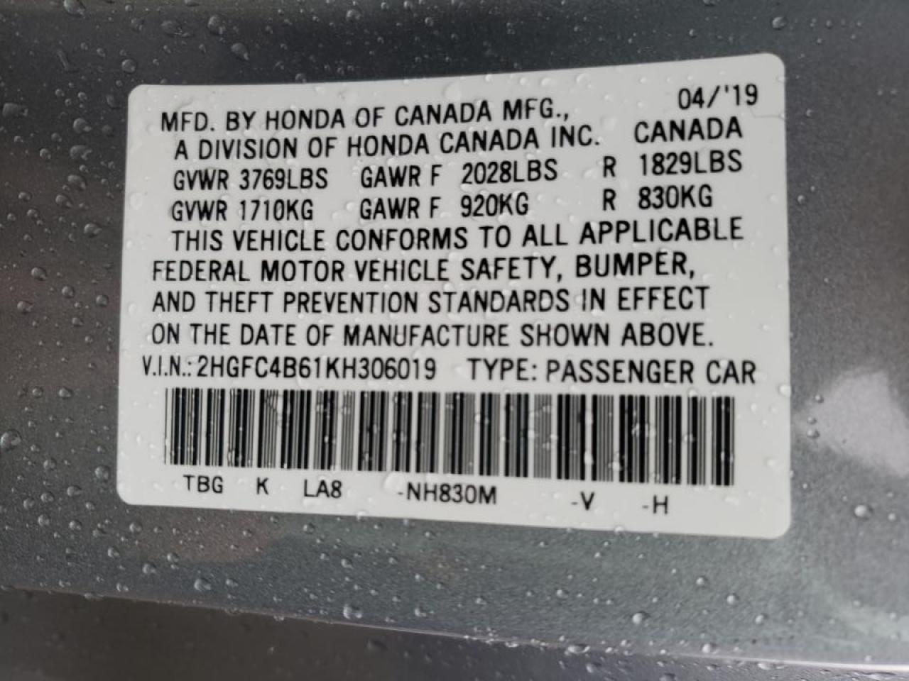 Photo 10 from auction – 2019 HONDA CIVIC LX with VIN 2HGFC4B61KH306019