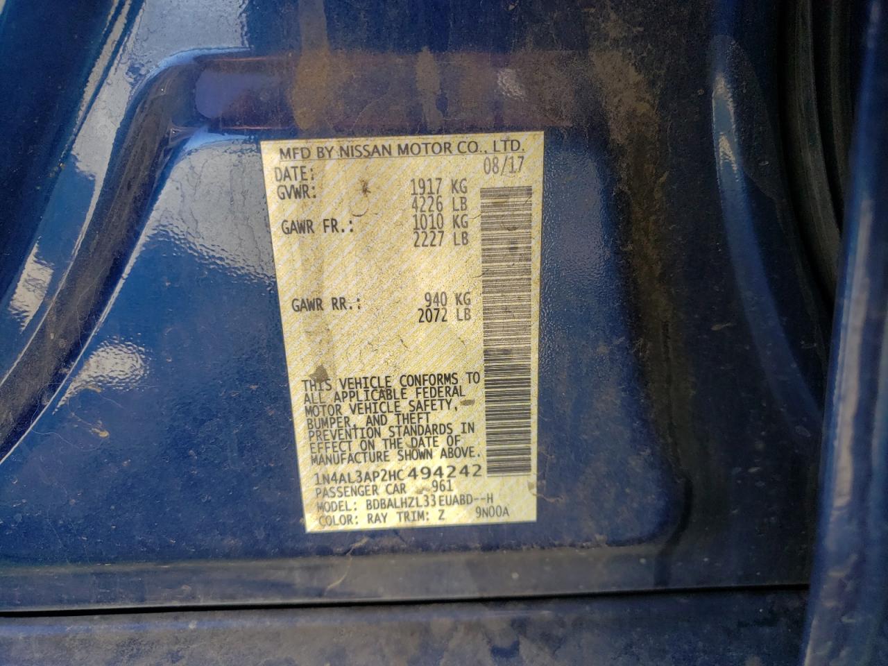 Photo 10 from auction – 2017 NISSAN ALTIMA 2.5 with VIN 1N4AL3AP2HC494242