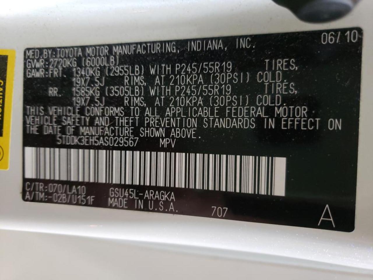 Photo 10 from auction – 2010 TOYOTA HIGHLANDER with VIN 5TDDK3EH5AS029567