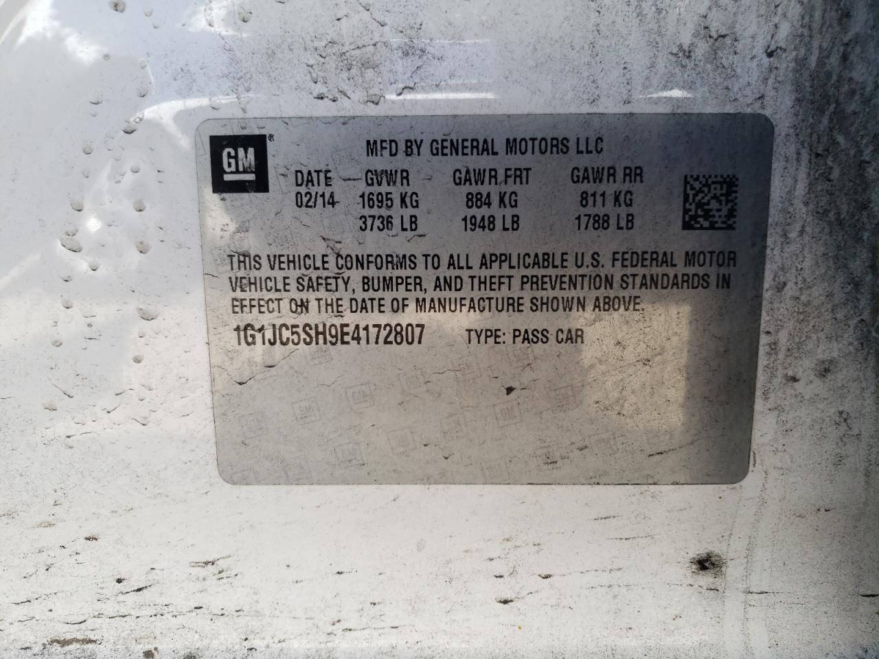 Photo 10 from auction – 2014 CHEVROLET SONIC LT with VIN 1G1JC5SH9E4172807