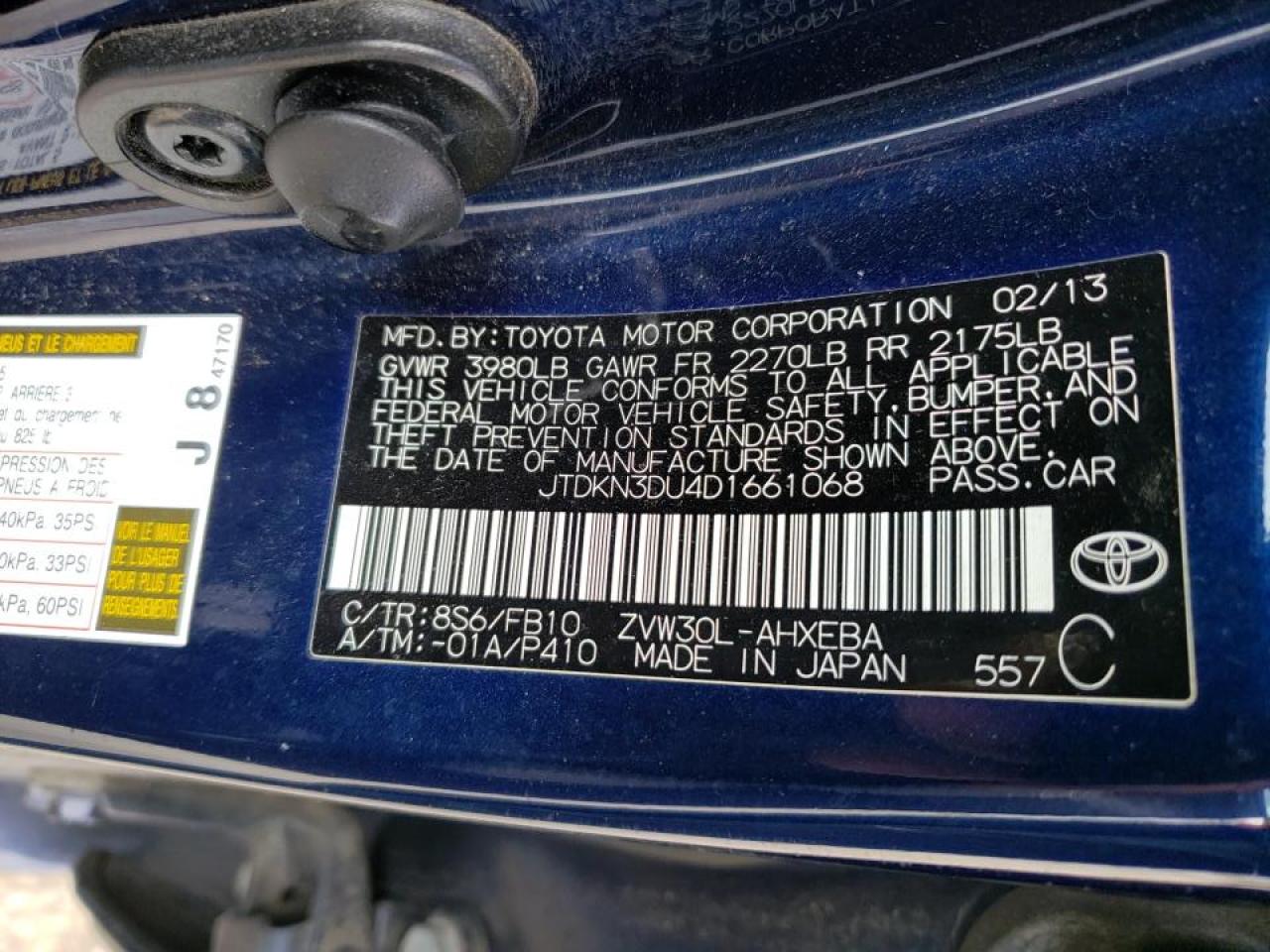Photo 10 from auction – 2013 TOYOTA PRIUS with VIN JTDKN3DU4D1661068