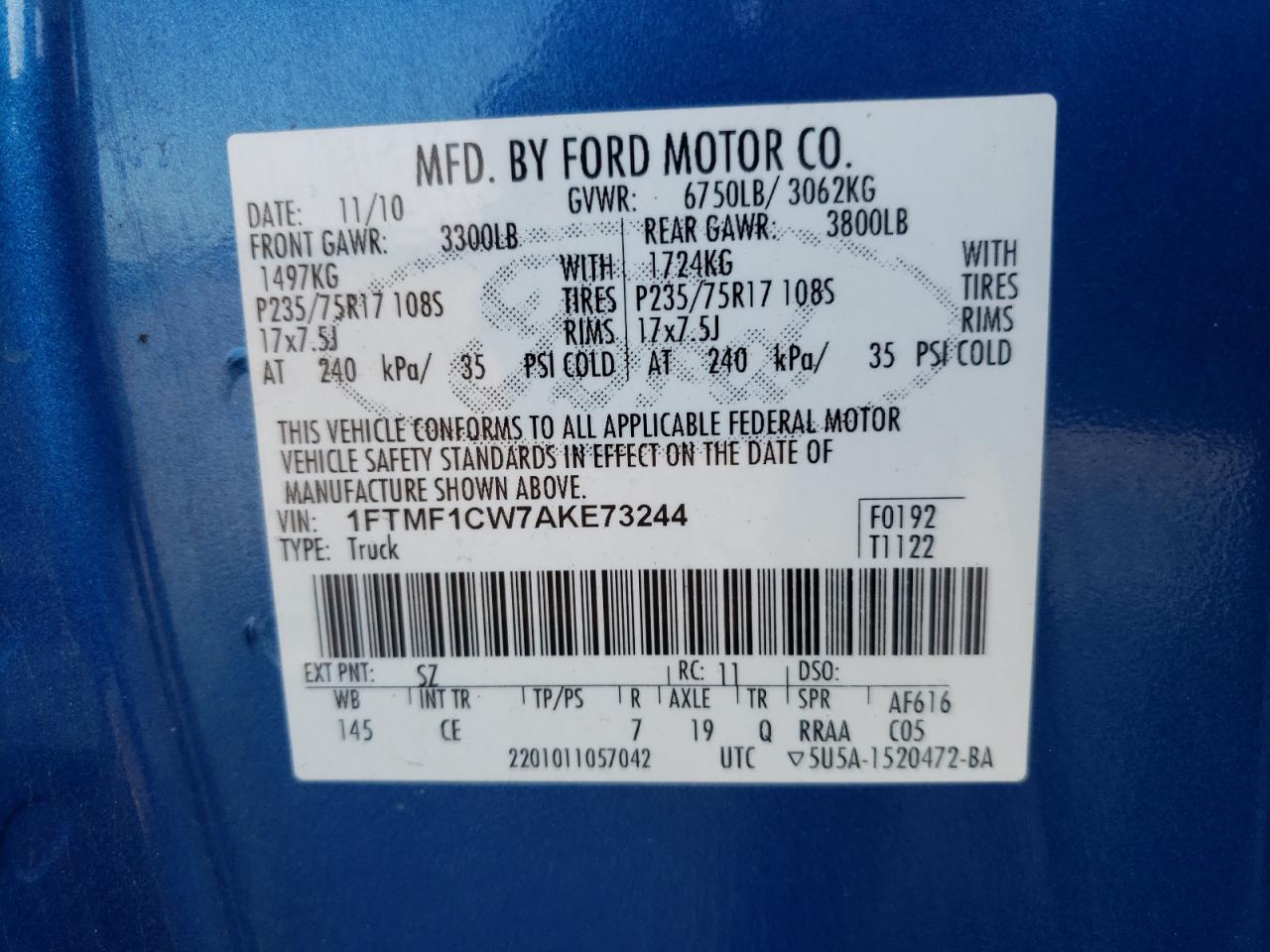 Photo 10 from auction – 2010 FORD F150 with VIN 1FTMF1CW7AKE73244