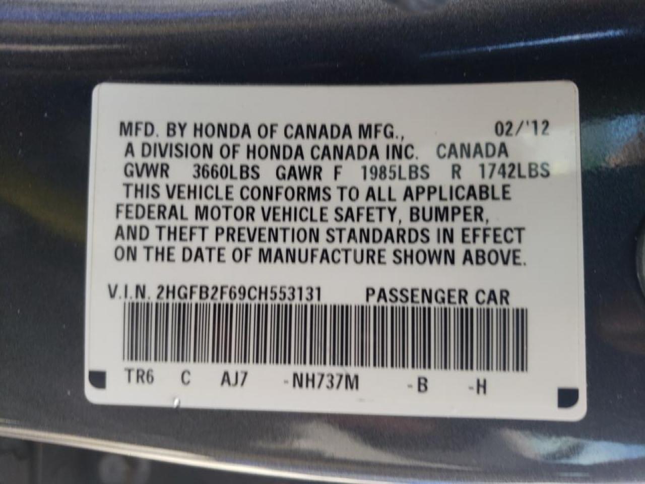 Photo 10 from auction – 2012 HONDA CIVIC HF with VIN 2HGFB2F69CH553131