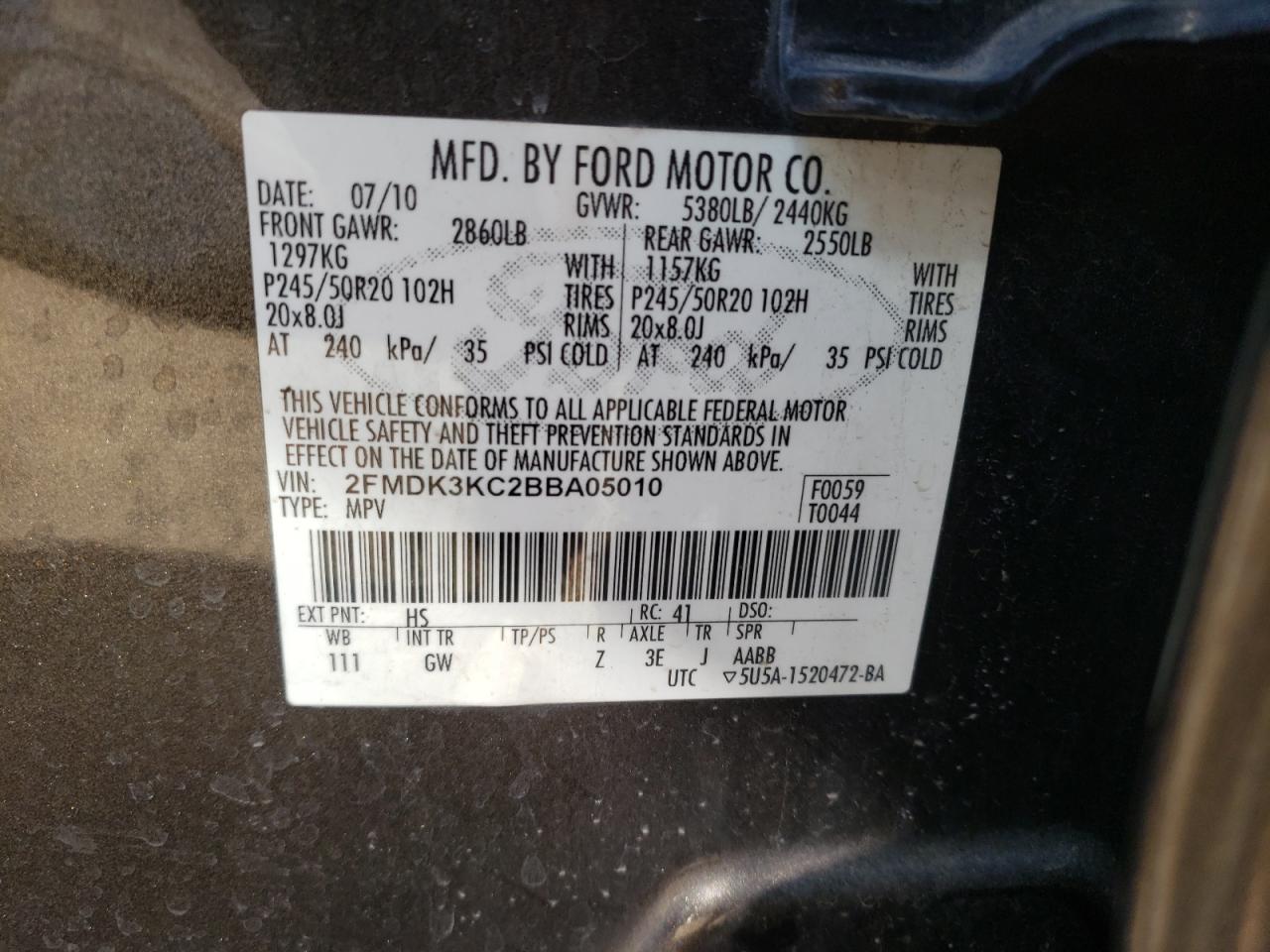 Photo 10 from auction – 2011 FORD EDGE LIMIT with VIN 2FMDK3KC2BBA05010